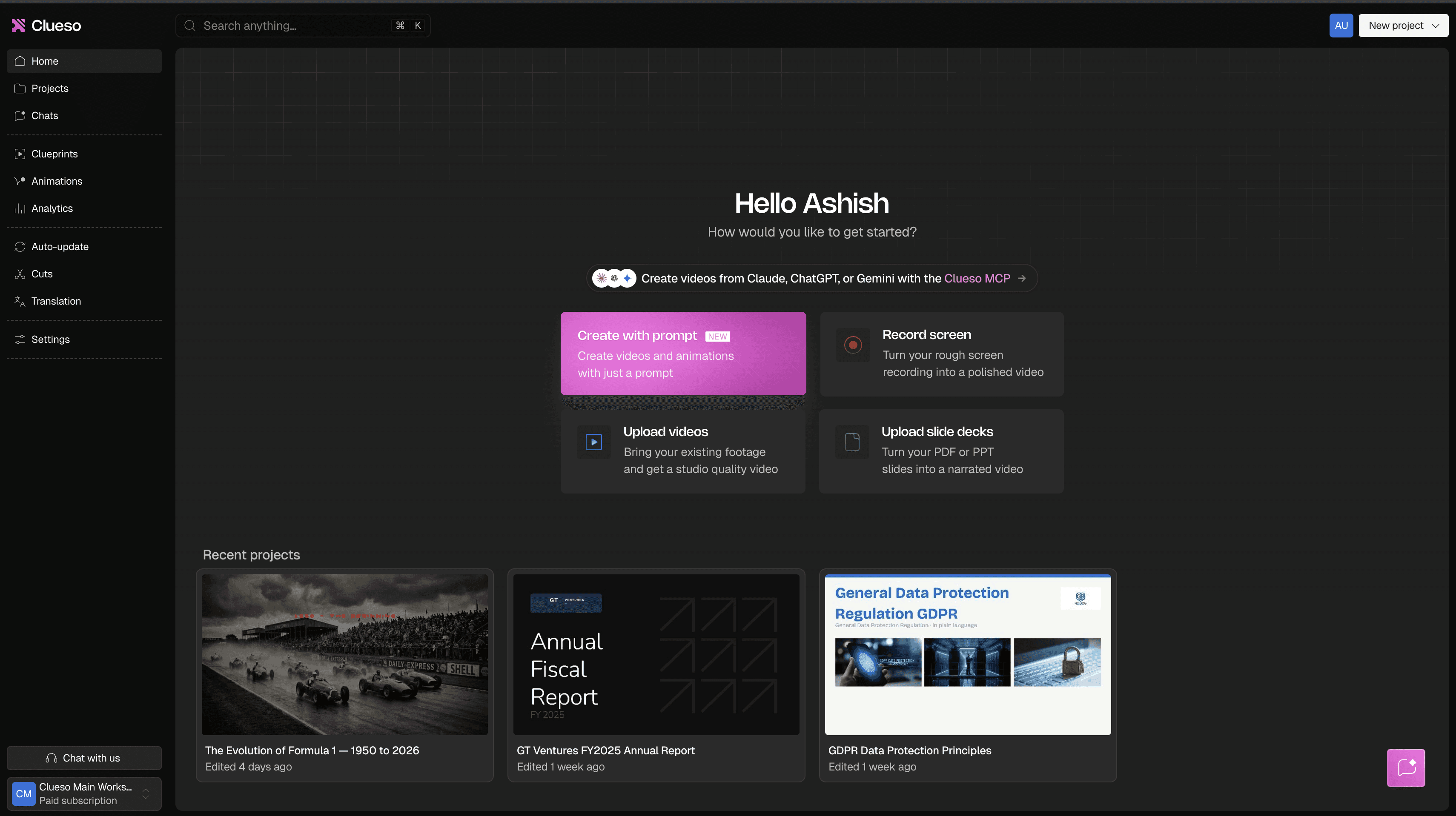 Clueso dashboard where you can create polished videos via simple prompts, recording your screen or uploading pre-recorded videos/slide decks.